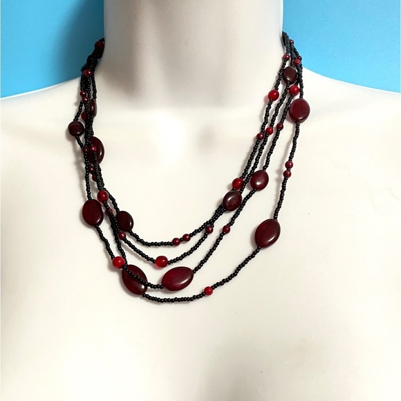 Black Seed Beads & Red Glass Beads Multi-strand Necklace Artisan Made - Picture 6 of 6